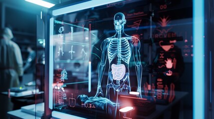 Obraz premium A detailed holographic medical display showcases a human skeleton with organs, blending advanced technology with clinical settings seamlessly.