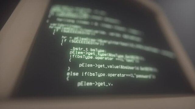 Old personal computer with source code running on screen, display. Could be used for vintage hacking projects