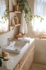 Elegant bathroom interior featuring minimalist design, natural elements, and soft lighting