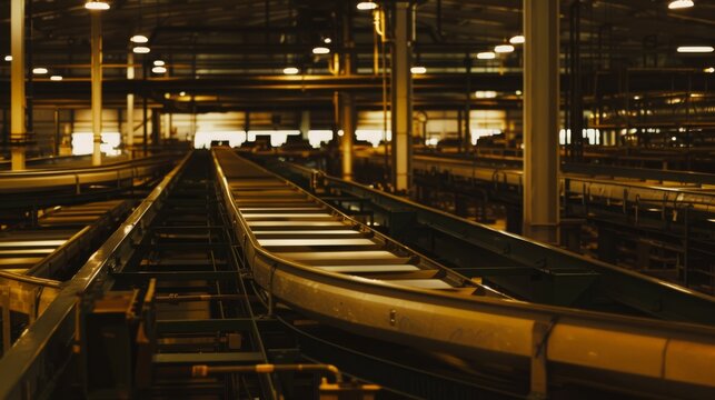 An expansive industrial interior with a network of conveyor belts in a warehouse, conveying a sense of scale and efficiency with its orderly layout.