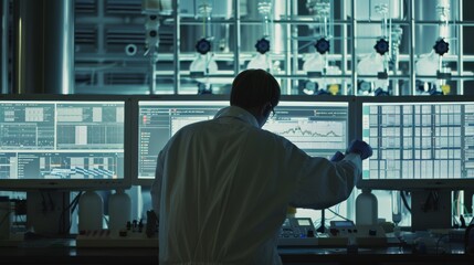 A scientist engrossed in analyzing complex data on multiple screens in a modern laboratory, emphasizing the precision and sophistication of scientific research.