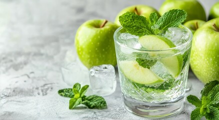 Refreshing mint and green apple drink with ice and garnished mint leaves on a light background