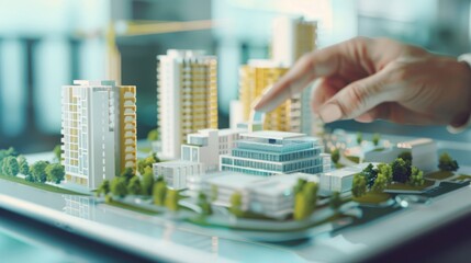 A pair of hands carefully places a miniature building on an urban model, representing meticulous urban planning and architectural design concepts.