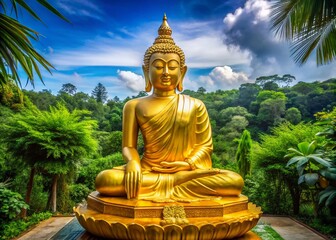 Fototapeta premium Serene Golden Buddha Statue in Tranquil Setting Surrounded by Lush Greenery and Peaceful Vibes