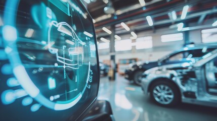 A modern car workshop with sleek, high-tech displays shows an overlay of a car's interior architecture, showcasing innovation in automotive technology.