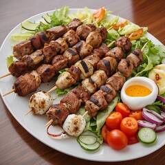Delicious fresh Kebab assortment Served with some salad, grilled chicken skewers with a side of grilled vegetables, grilled kebab with couscous and vegetables
