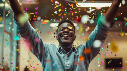 Obraz premium A joyful man with arms raised celebrates amidst vibrant confetti falling around him, radiating happiness and energy in a lively atmosphere.