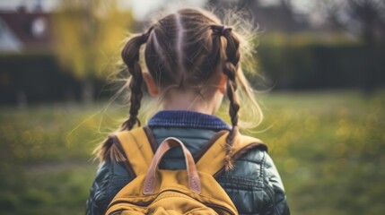 A young girl with braided hair and a yellow backpack stands in a lush, sunlit park, savoring the peacefulness of nature.