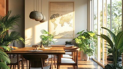 Obraz premium Chic botanical dining room boasts wooden furnishings, lush plants, ample natural light, a poster map, and sophisticated accents, reflecting modern home decor trends. 