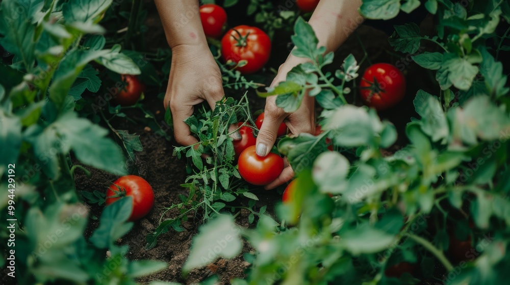 Poster Hands carefully pick ripe tomatoes among lush green foliage in a vibrant vegetable garden.