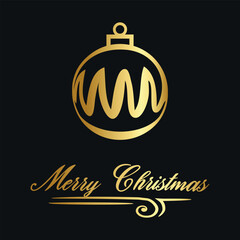 A golden Christmas tree decoration with a greeting text “Merry Christmas”. Vector on black background