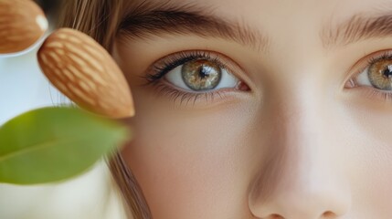 A young woman with clear skin smiling near almond branches in a bright and airy setting