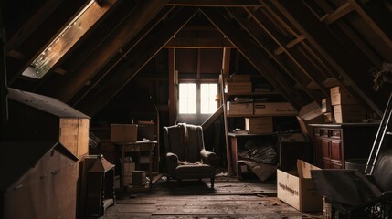 A timeworn attic filled with boxes and personal items, lit by soft sunlight pouring through a small window, creating an atmosphere of nostalgia.