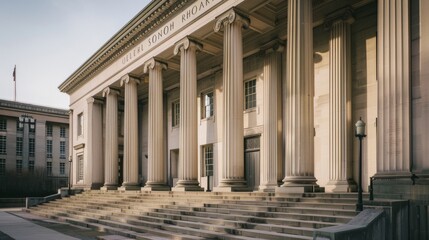 Fototapeta premium Majestic, neoclassical building with grand columns and an expansive staircase leading up to the formal entrance, under a cloudy sky.