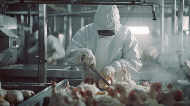 A worker in a hazmat suit processes poultry in an industrial setting, focusing on hygiene and safety in a busy production line.