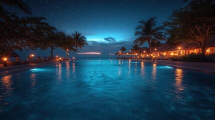 luxurious tropical resort pool illuminated by ambient lights under a starlit sky inviting tranquility and relaxation in an exotic nighttime paradise