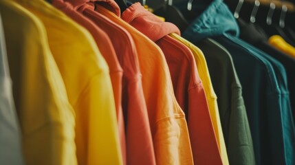 A row of colorful hoodies hangs on a clothing rack, neatly arranged in a gradient from yellow to green.