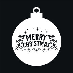 White silhouette of a Christmas ball with greeting text. Isolated vector on black background