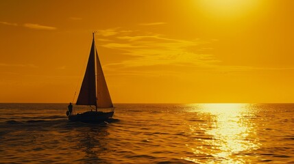 A solo sailboat against a golden sunset creates a tranquil scene of peace and reflection on the water.