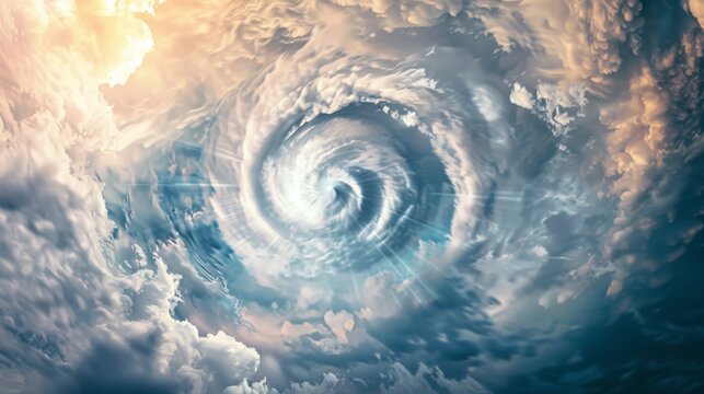 A mesmerizing whirl of clouds forms a powerful vortex, illuminated by ethereal sunlight, creating a dynamic, otherworldly atmosphere in the sky.