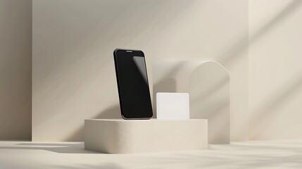 3d smartphone on blue cube podium floating on white copy space background. Realistic mobile phone with blank white screen. Minimal studio. ​Monotone pedestal mockup space for display app. 3d rendering