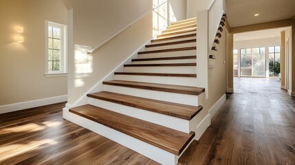 wooden staircase with polished hardwood steps and a sleek white banister. Contemporary architecture, white modern house, high-end villa or apartment