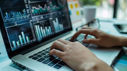 Hands on a laptop keyboard analyzing data from multiple charts and graphs on the screen, indicative of data-driven decision making.