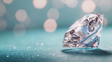 Fototapeta premium A sparkling diamond on a shimmering surface with a blurred blue background and bokeh effect