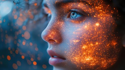 man interacting with a digital hologram of his virtual personality set against a blurred futuristic background exploring themes of identity and technology in a thoughtprovoking manner