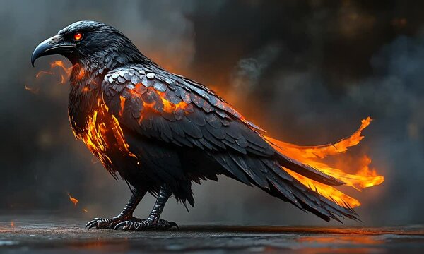 A fiery raven stands against a smoky backdrop, exuding intensity.