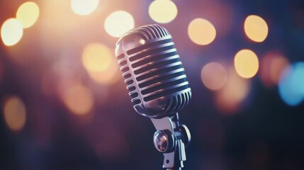 Vintage microphone on stage under colorful lights during an evening performance