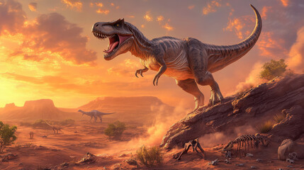 Fototapeta premium A rocky desert landscape with a ferocious Allosaurus standing atop a cliff, roaring into the distance. Dust swirls around its feet, and the