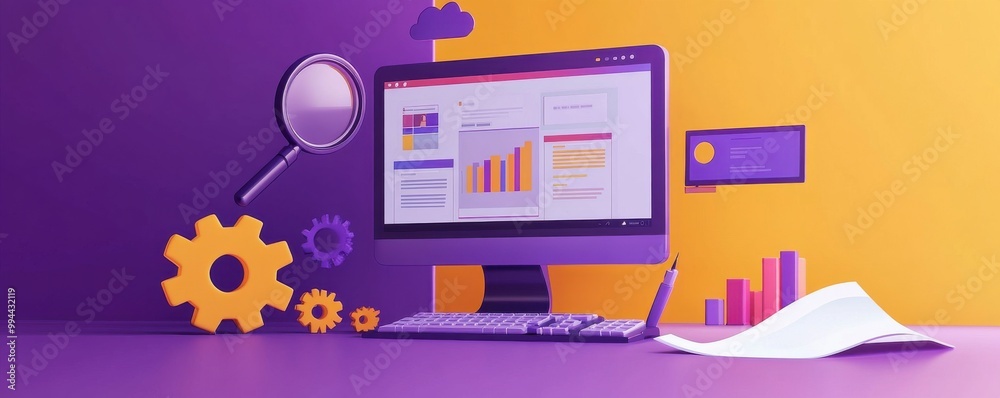 Poster computer screen displaying web pages with magnifying glass and gears indicating website development 