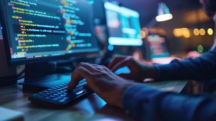 Close-up of hands typing code on a keyboard with multiple computer screens displaying programming code in a dimly-lit workspace.