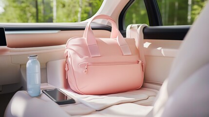 pink pastel baby bag in the passenger seat