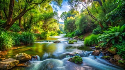 Fototapeta premium Serene Landscape of Hermon Stream Nature Reserve with Lush Greenery and Tranquil Water Flowing