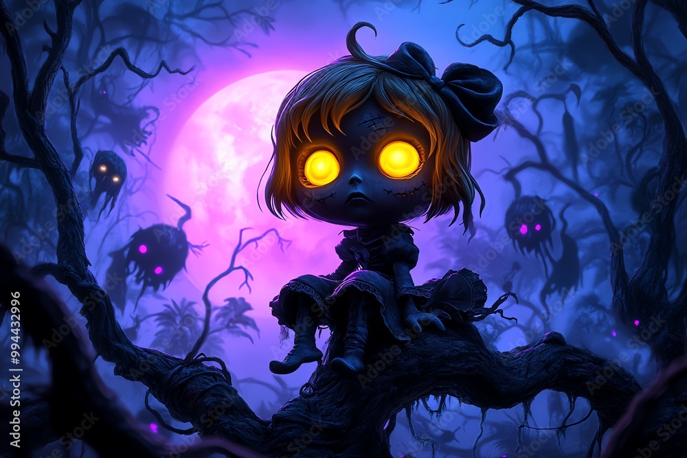 Poster a dark and eerie doll with glowing yellow eyes, sitting on a twisted tree in a haunted forest. shado
