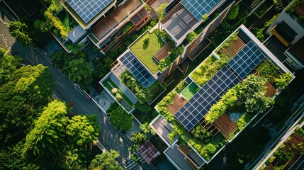 Top-down view of modern buildings with lush green rooftops and solar panels, emphasizing sustainable architecture.