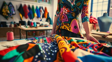 An artist stands over a table with vibrant, patterned fabrics, suggesting a creative and colorful workspace in the fashion or arts industry.