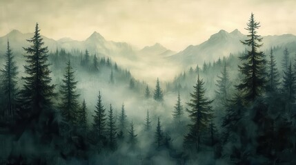 misty landscape featuring a dense fir forest enveloped in dreamy vintage hues capturing a serene and tranquil atmosphere reminiscent of classic paintings