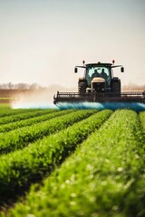 Fototapeta premium Tractor spraying fertilizer on a lush green field during sunny weather in the countryside