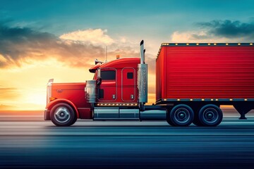 Red american semi-truck driving fast on a highway at sunset