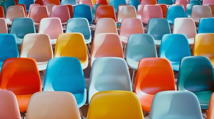 Fototapeta premium A field of vibrant, multicolored plastic chairs arranged symmetrically, creating a joyful and orderly visual spectacle.