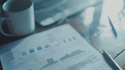 Financial document with bar charts and line graphs on a desk, beside a cup and a pen, representing workplace productivity and fiscal analysis.