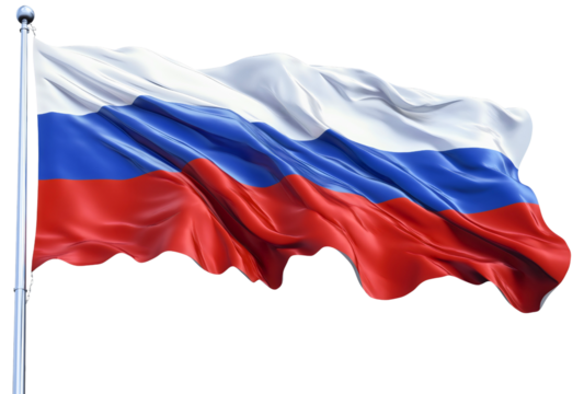 Isolated waving Russia flag, patriotism red white blue symbol blowing in wind, national banner with wrinkles, Russian emblem design, proud country