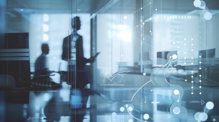 Abstract silhouette figures in a modern office captured through glass, accentuated by digital data and tech-inspired overlays.