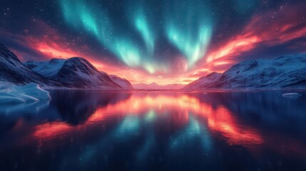 Naklejka premium northern lights swirling vibrantly over rugged norwegian mountains reflected in a serene icy lake the night sky glows with ethereal greens and blues under a starry expanse