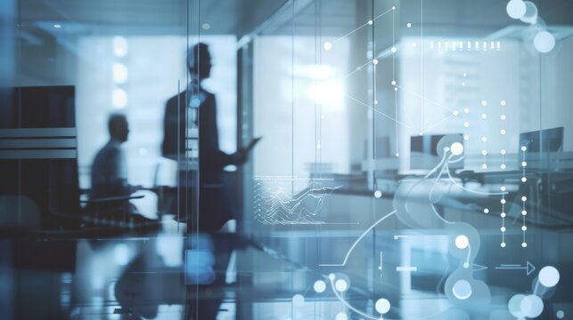Abstract silhouette figures in a modern office captured through glass, accentuated by digital data and tech-inspired overlays.