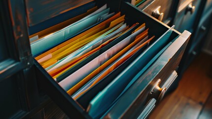 Obraz premium An open drawer filled with various colored paper folders, neatly arranged and ready for use in a well-organized office space.