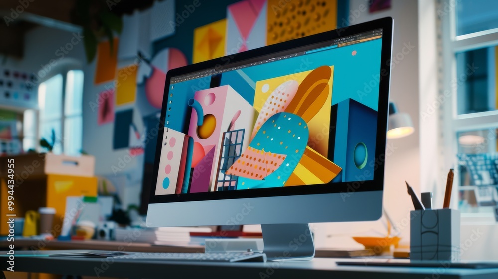 Fototapete a modern workstation with a computer displaying colorful digital art, surrounded by design tools and